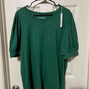 NWT Chico's Cotton Slub Puff Sleeve Green Women's Top Size 4 20-22